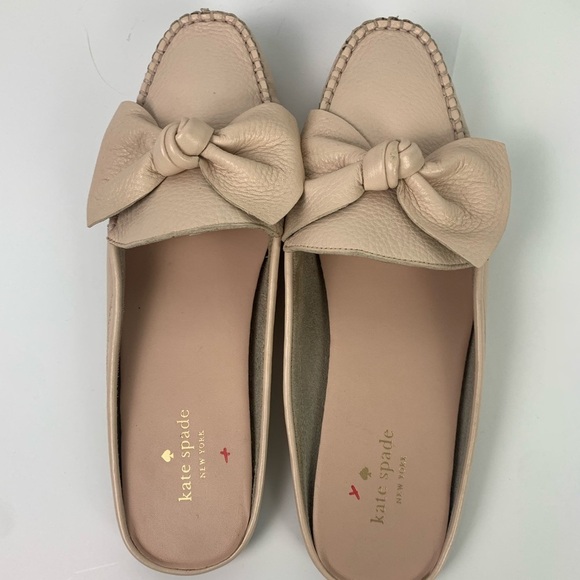 Kate Spade New York Mallory Soft Pink Leather Bow Flats Slides Mules Slip On 9 - Picture 1 of 7